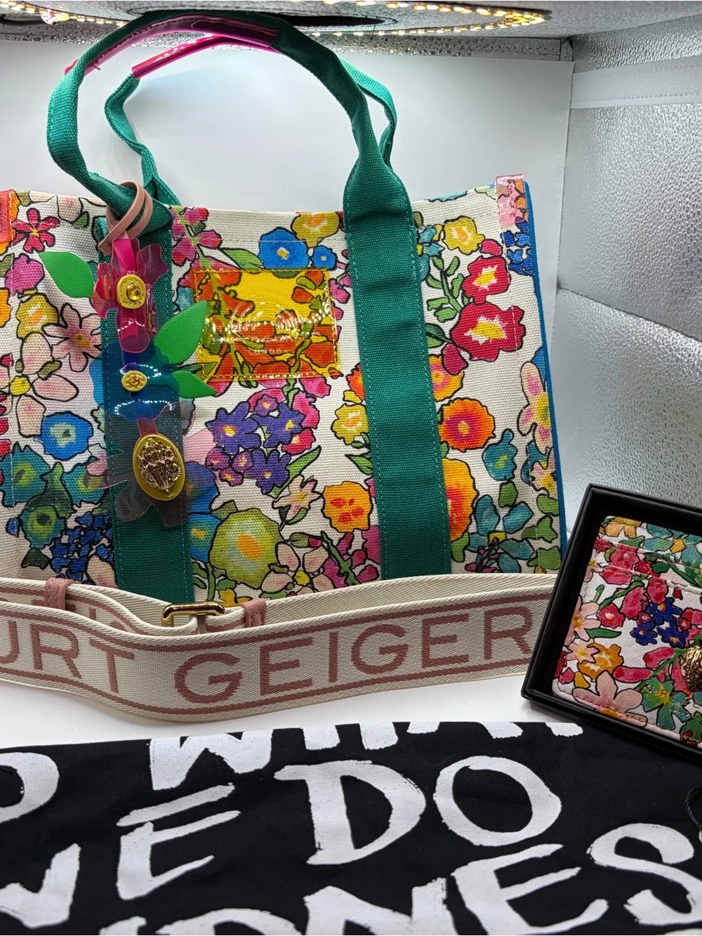 Kurt Geiger NWT Floral Tote W/ Guitar Strap, Bag Charm, with card wallet. - Picture 2 of 10